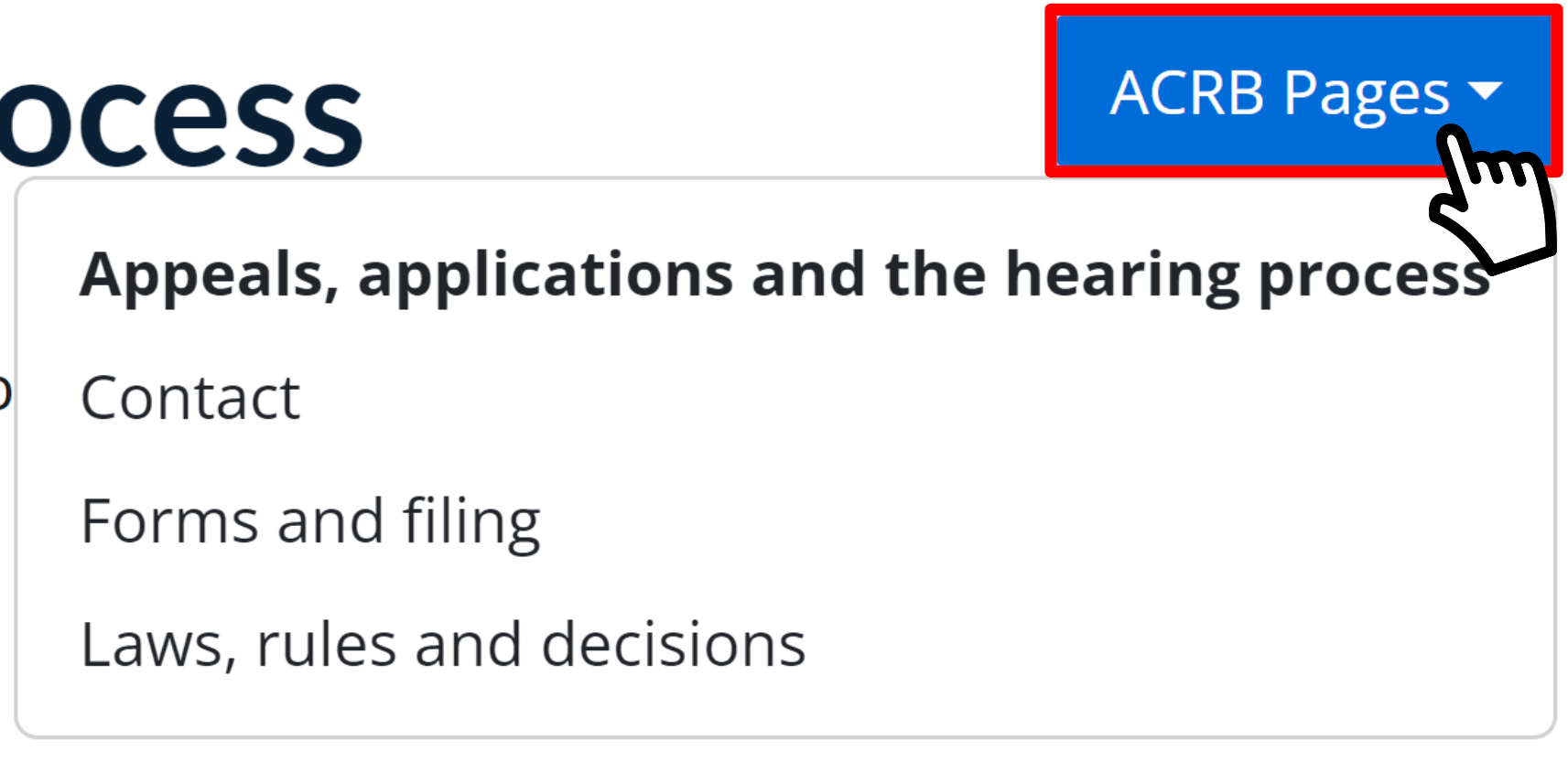 A cursor clicking the button labelled ACRB Pages, which opens a drop-down menu with links to the tribunal's pages for Appeals, applications and the hearing process, Contact, Forms and filing, and Laws, rules and decisions.